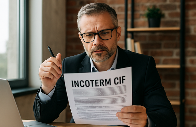 Homme consultant un contrat mentionnant l’incoterm CIF dans un contexte de commerce international